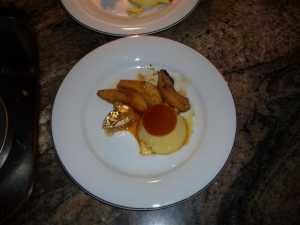 <b>Individual Dishes</b>
<br>Cr�me Caramel with poached pears and gold leaf